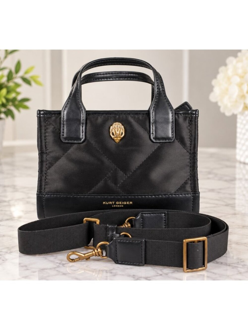 Kurt Geiger London Micro Square Black Satin Quilted Crossbody Tote Bag